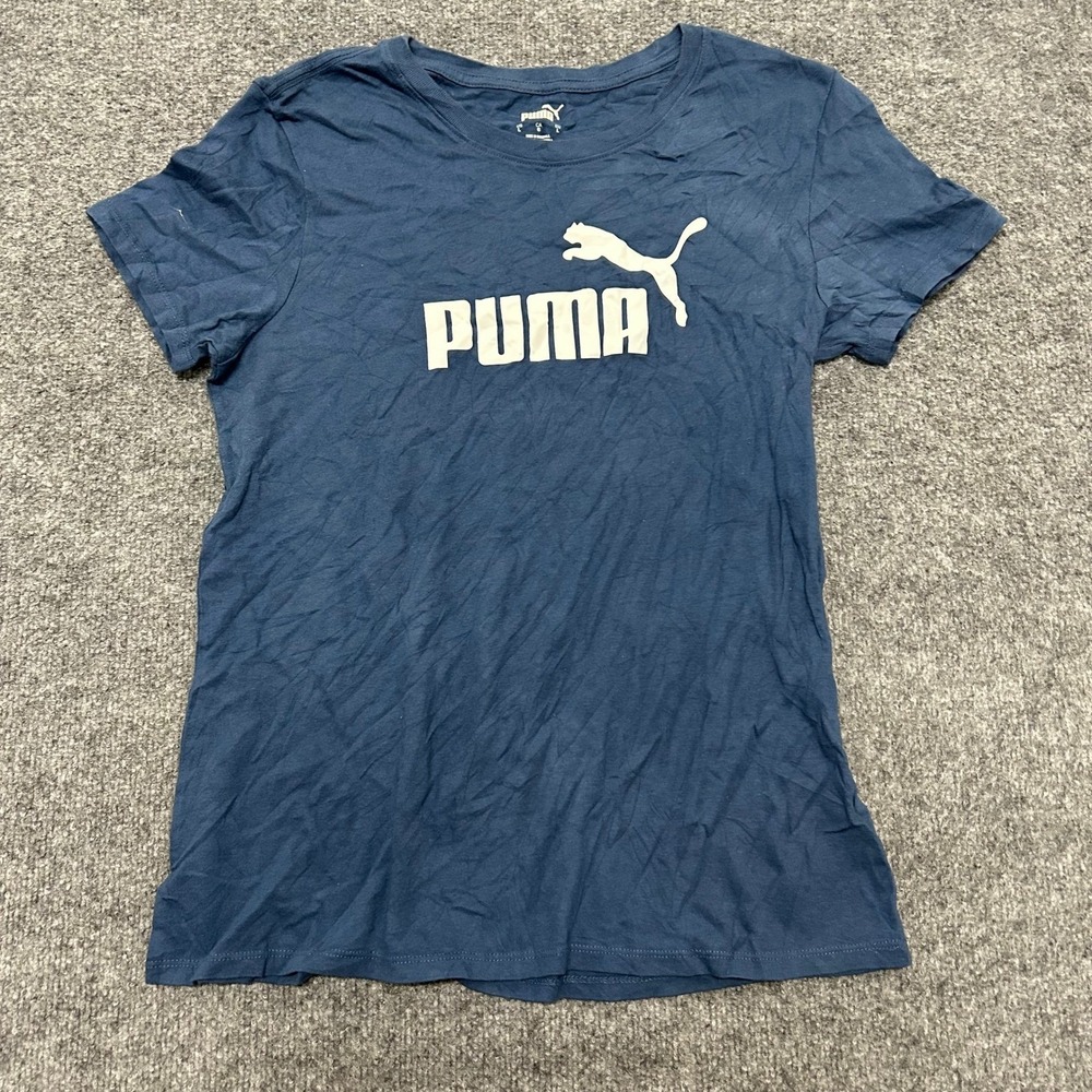 Puma T-Shirt Womens Size L Blue Graphic Logo Short Sleeve Athletic Crew Neck